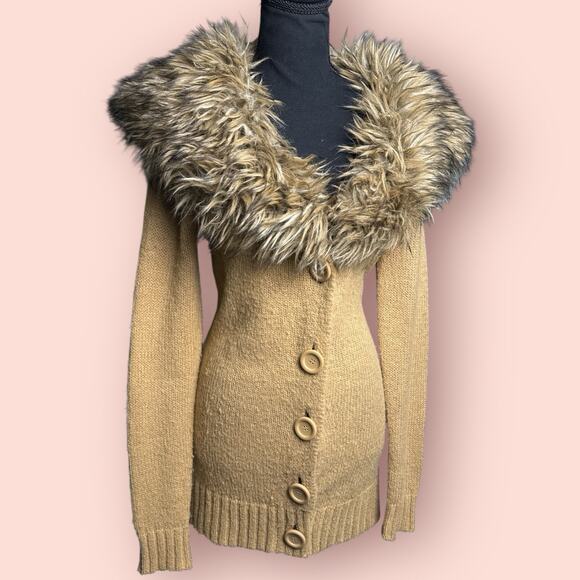 Vtg Y2K Penny Lane Cardigan Fur Collar Sweater Medium Tan Boho Hippie Festival - Picture 1 of 5